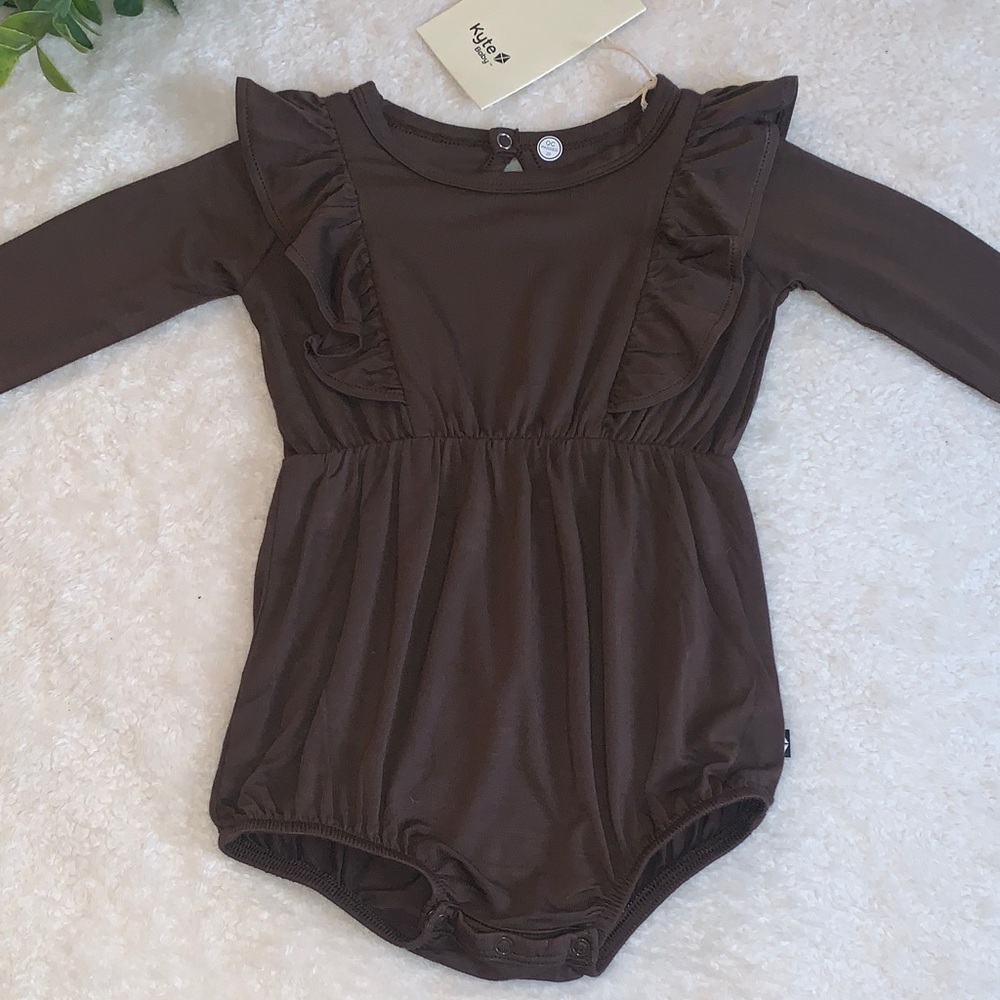 NWT Kyte Baby Brown Bubble Romper 6-12M Ruffle Bamboo